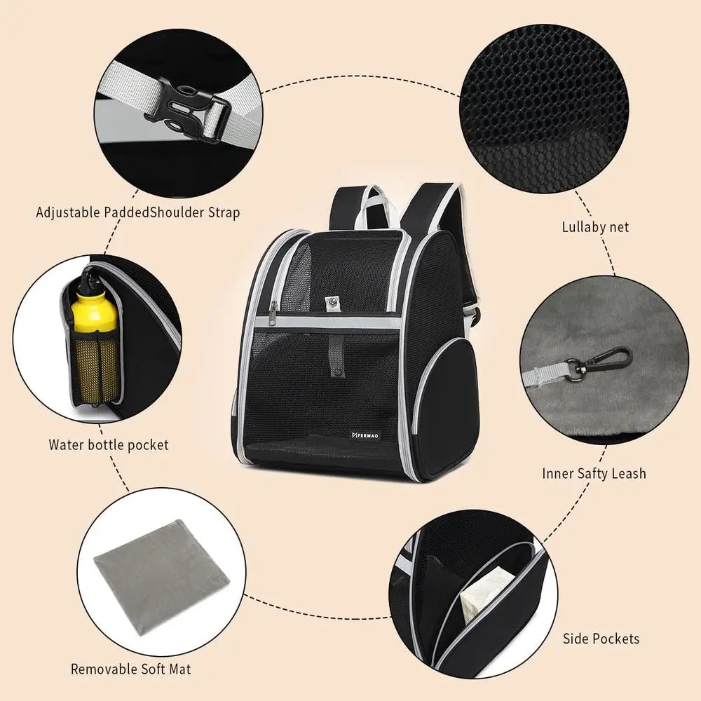Collapsible Pet Backpack Carrier with Ventilated Mesh and Safety Leash