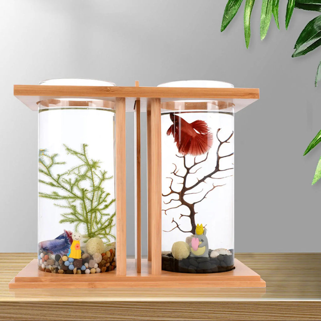 Glass Betta Fish Tank with LED Light Bamboo Base Mini Aquarium Set for Desktop Home Office Decoration 2 Tanks