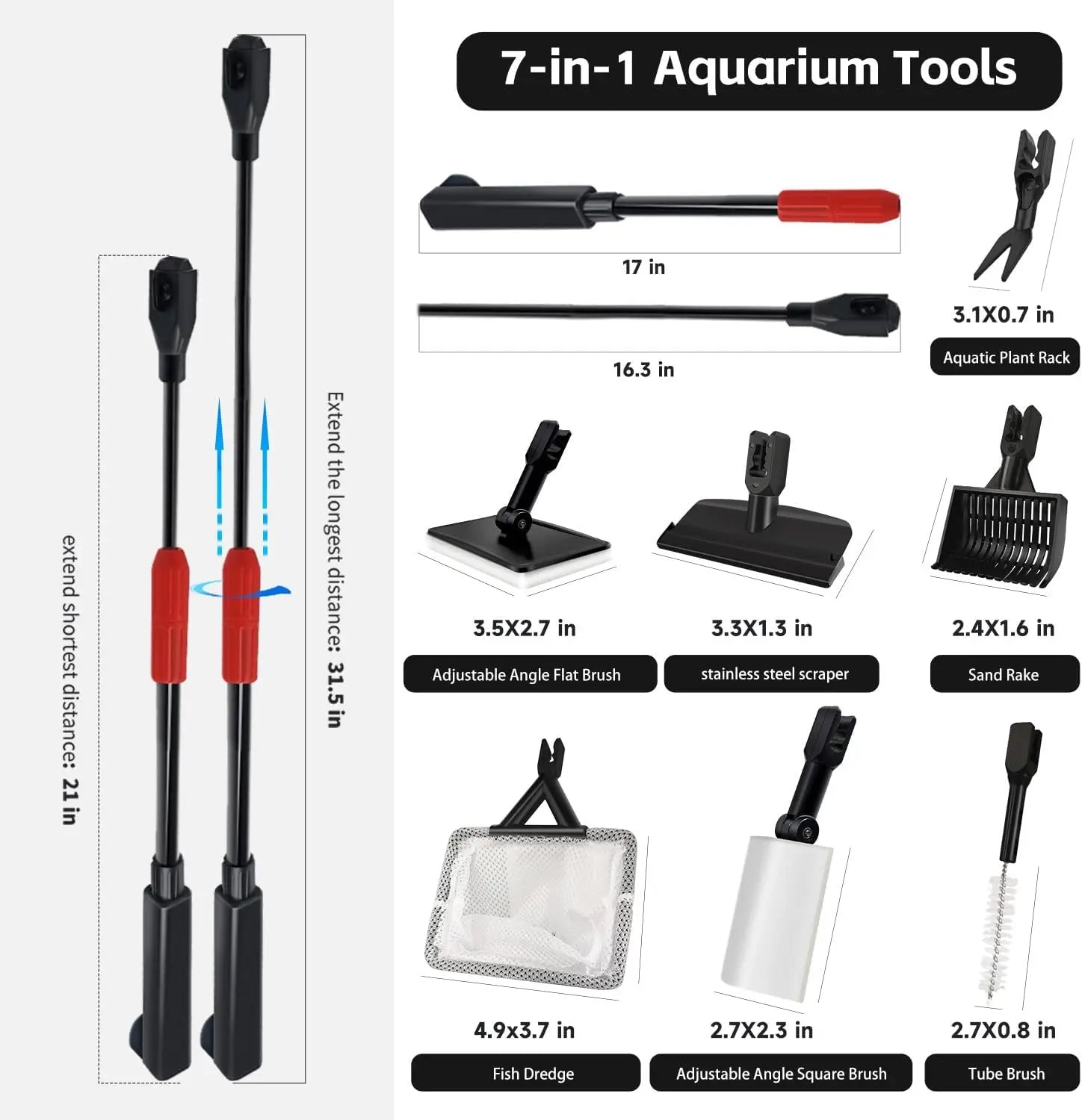 7-in-1 Aquarium Cleaning Kit with Adjustable Long Handle,Sponge Brush,Scraper,Tube Brush,Gravel Rake for Fish Tank Maintenance