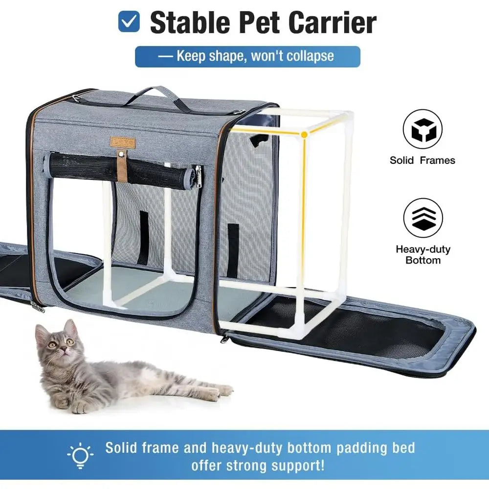 Dual-Compartment Pet Carrier with Built-In Litter Box for Travel, Grey