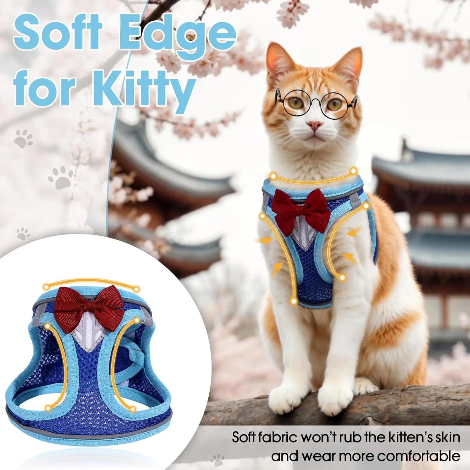 Escape-Proof Cat Vest Harness and Leash Set, Adjustable Breathable Mesh with Reflective Strips for Kitten Puppy Bunny in Blue XS