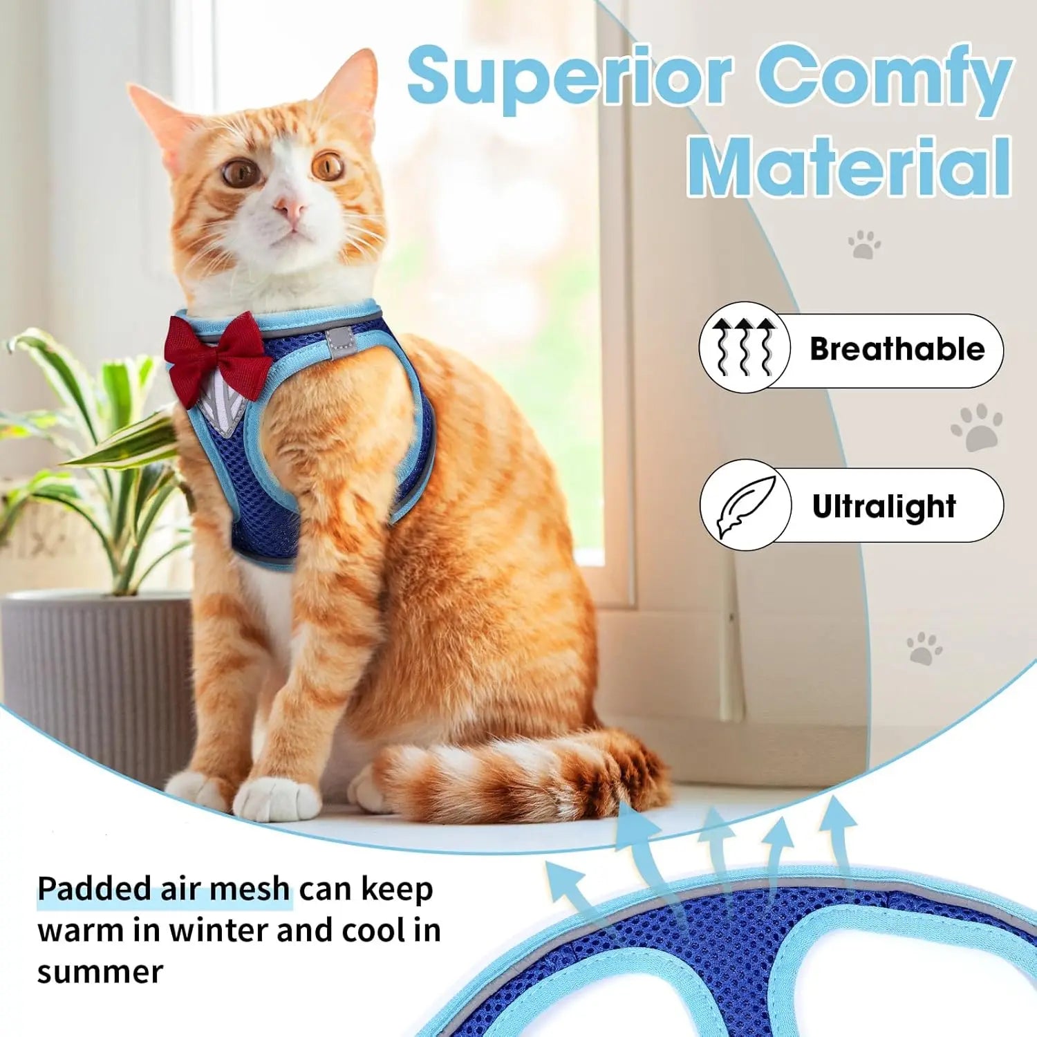 Escape-Proof Cat Vest Harness and Leash Set, Adjustable Breathable Mesh with Reflective Strips for Kitten Puppy Bunny in Blue XS