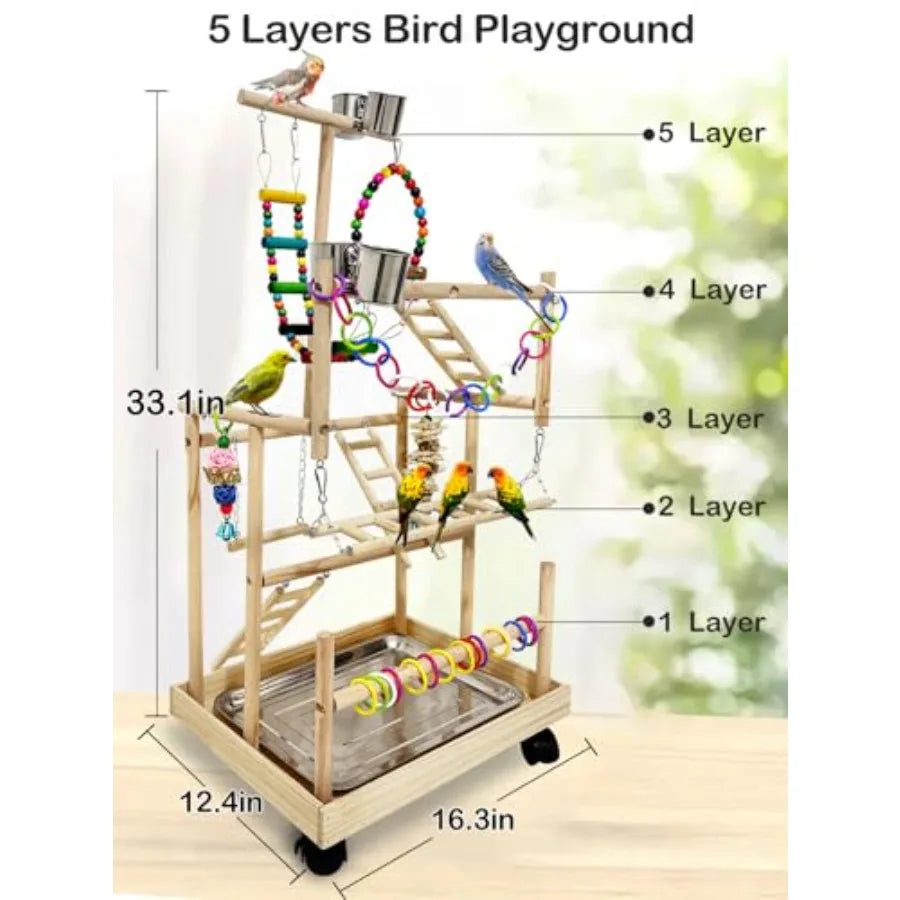 5 Layers Large Bird Playstand with Wheel Natural Wood Parrot Playground Parakeet Perch Stand Small Bird Playgym with Ladder Toy