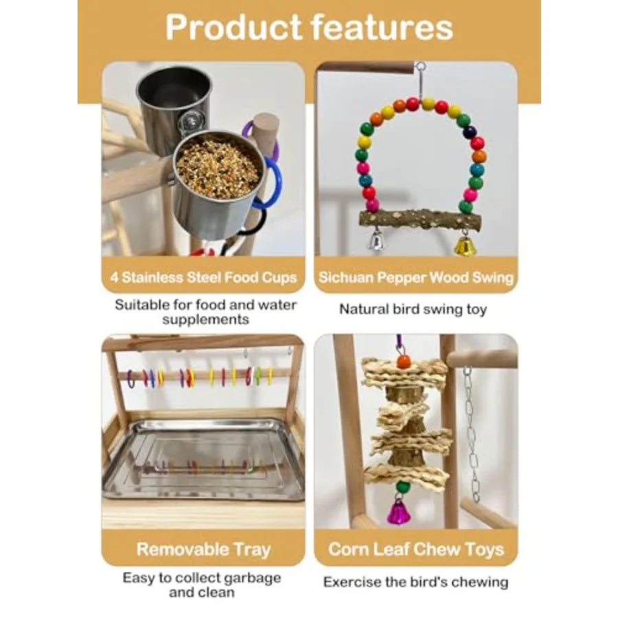 5 Layers Large Bird Playstand with Wheel Natural Wood Parrot Playground Parakeet Perch Stand Small Bird Playgym with Ladder Toy
