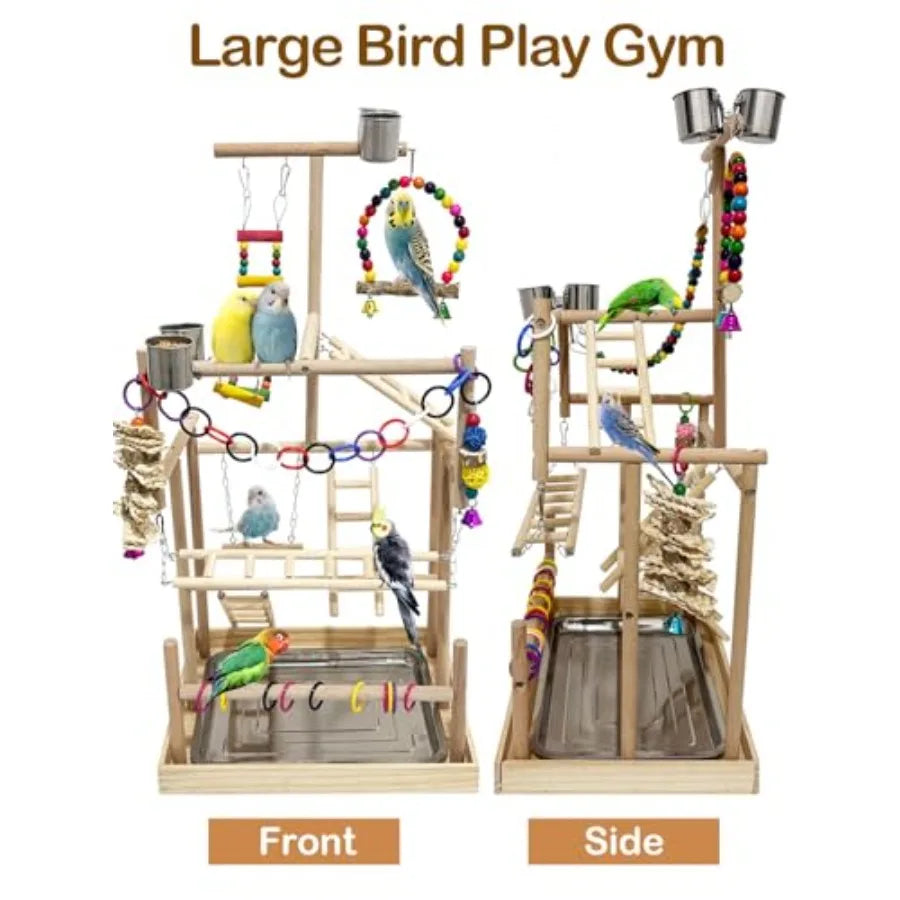 5 Layers Large Bird Playstand with Wheel Natural Wood Parrot Playground Parakeet Perch Stand Small Bird Playgym with Ladder Toy