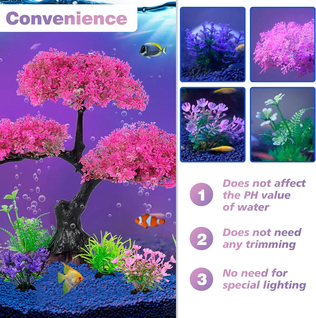 Artificial Aquarium Plants Decor Set, Cherry Blossom Tree Hide Accessories for Goldfish Betta Fish Tank