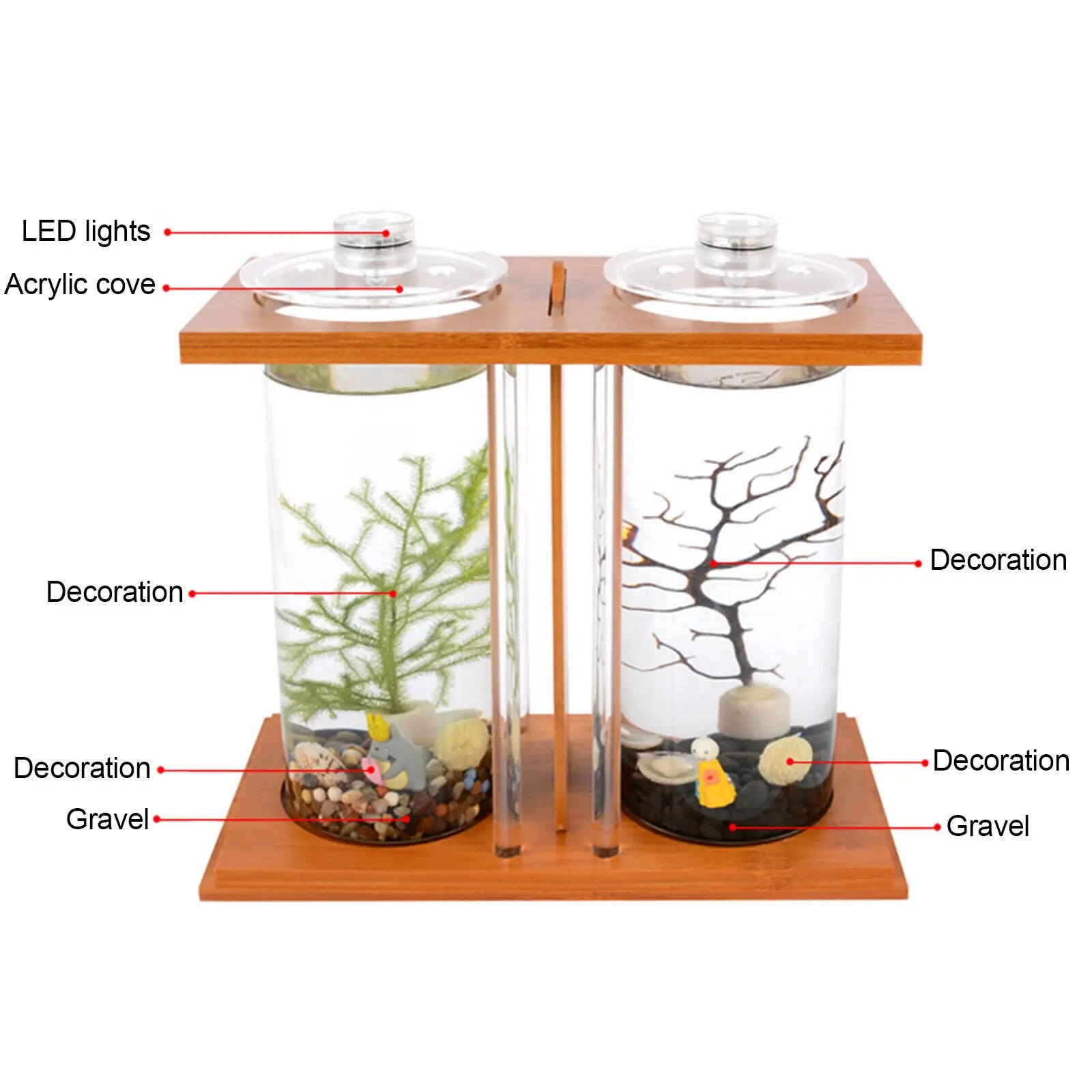 Glass Betta Fish Tank with LED Light Bamboo Base Mini Aquarium Set for Desktop Home Office Decoration 2 Tanks