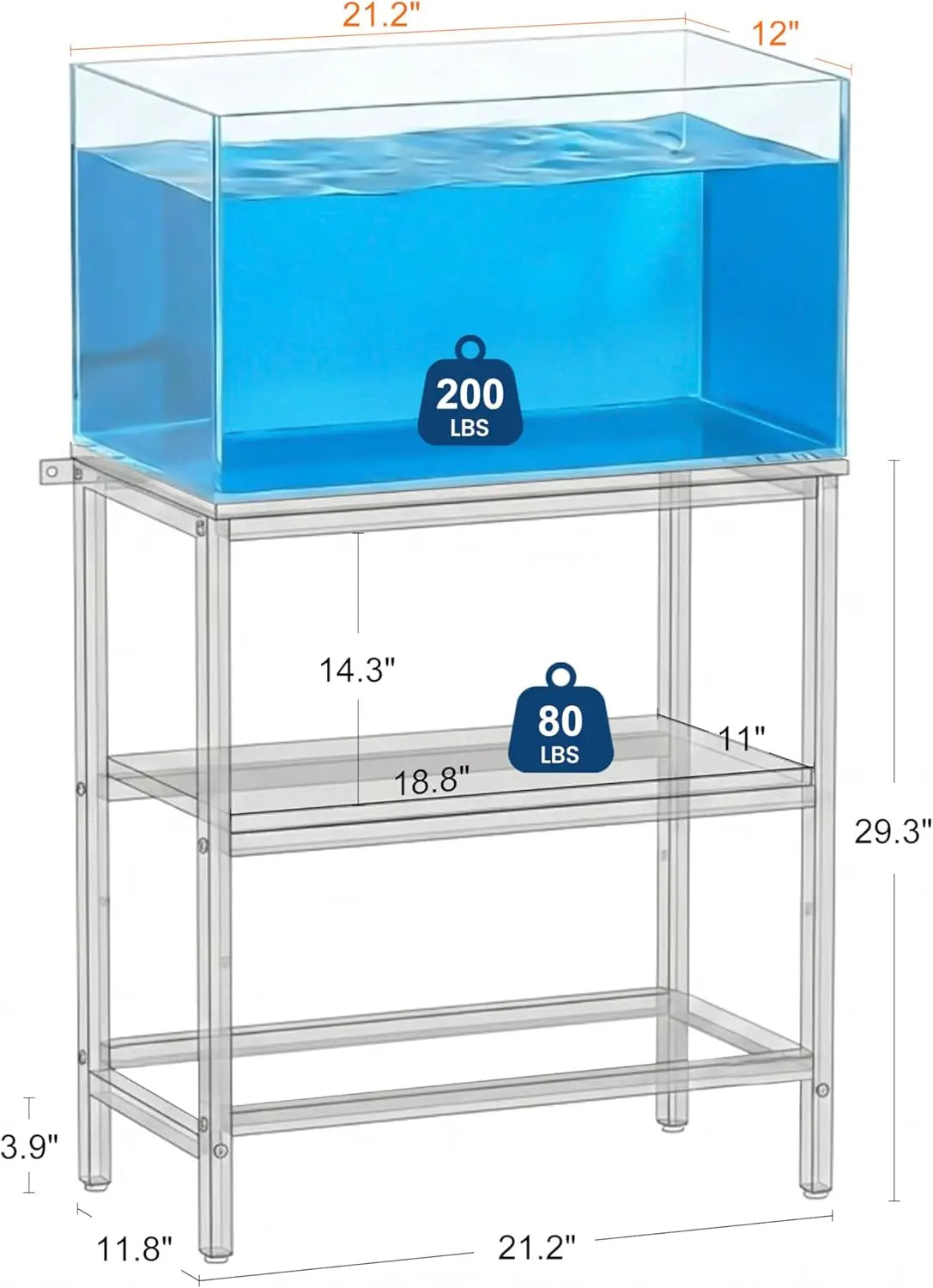 Fish Tank Stand for 10 Gallon, Heavy Duty Aquarium Stand with Storage Shelves, Sturdy One-Piece Top, 21.2"L x 11.8"W x 29.3"H