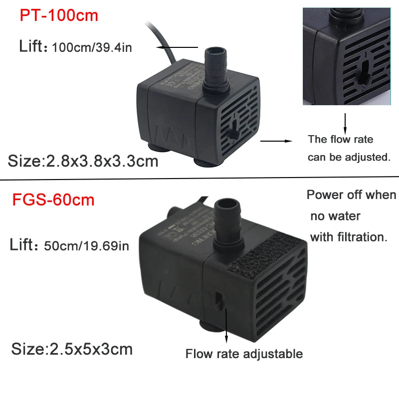 Ultra Quiet USB Aquarium Fish Tank Filtration Pump Mini Pet Fountain Submersible Adjustable Flow Water Circulation Pump 5V 5W