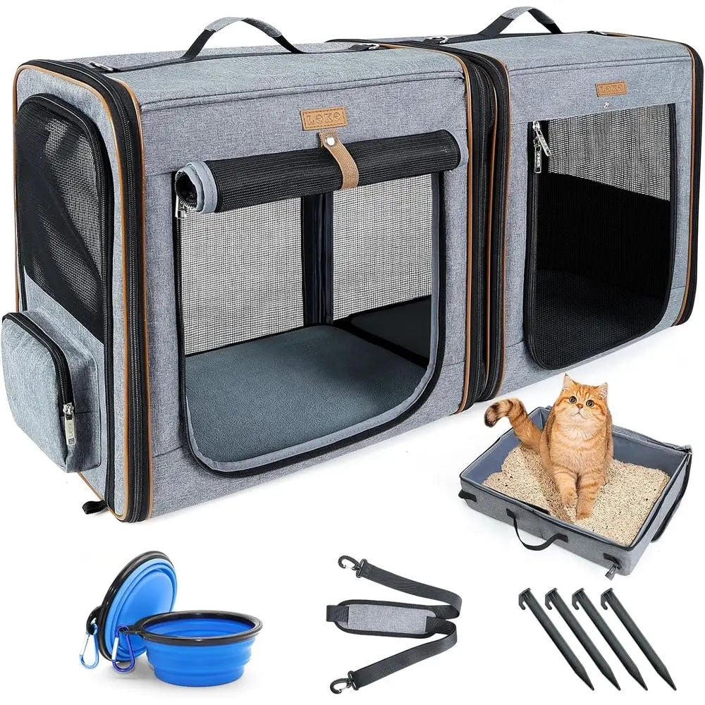 Dual-Compartment Pet Carrier with Built-In Litter Box for Travel, Grey