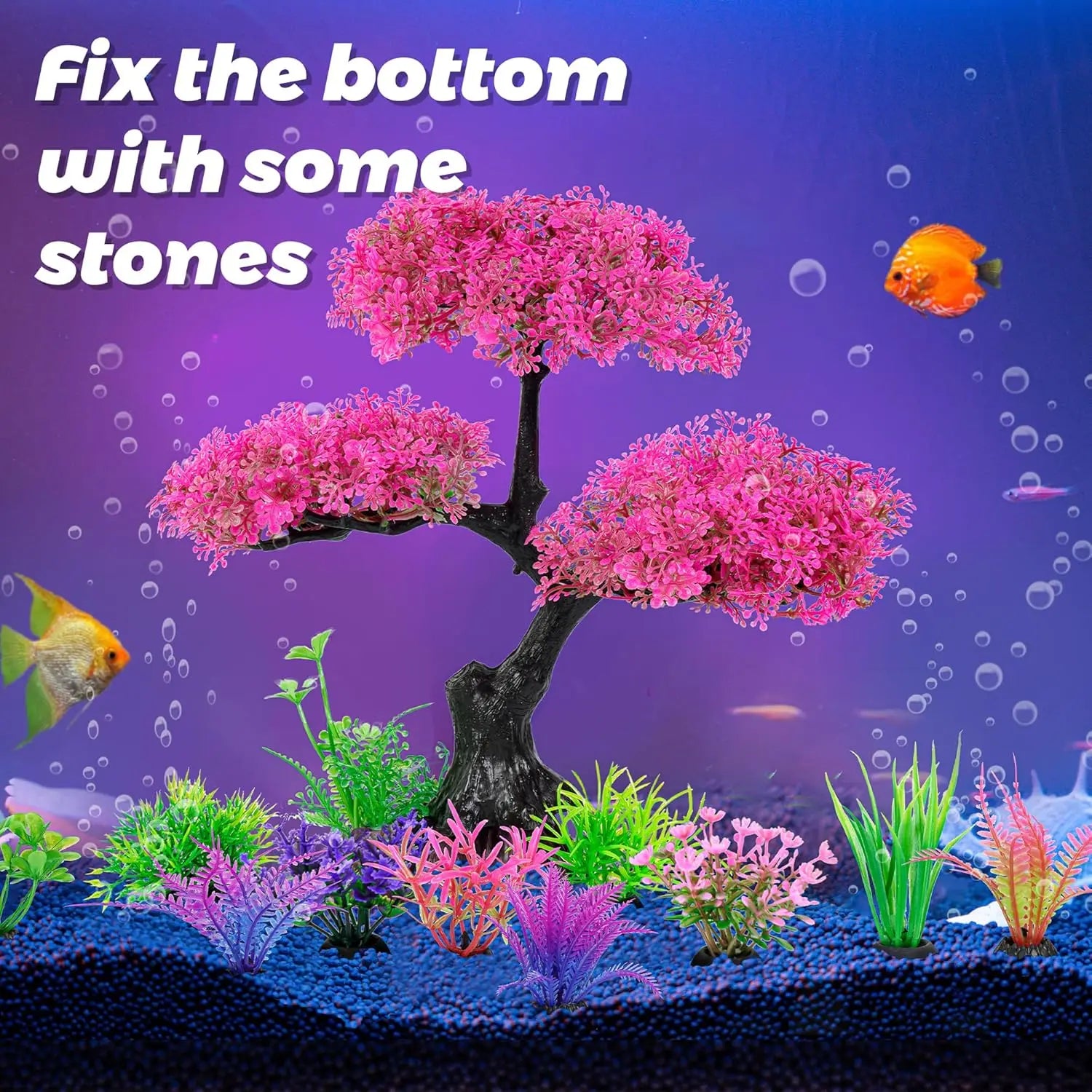 Artificial Aquarium Plants Decor Set, Cherry Blossom Tree Hide Accessories for Goldfish Betta Fish Tank
