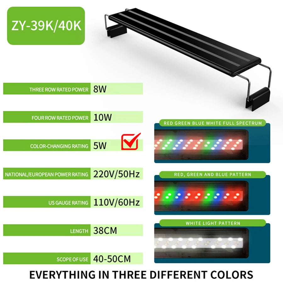38cm 5W LED Aquarium Light For Plants Adjustable 3 Colors Extendable Fish Tank Light Suitable For 40-50cm Fish Tanks