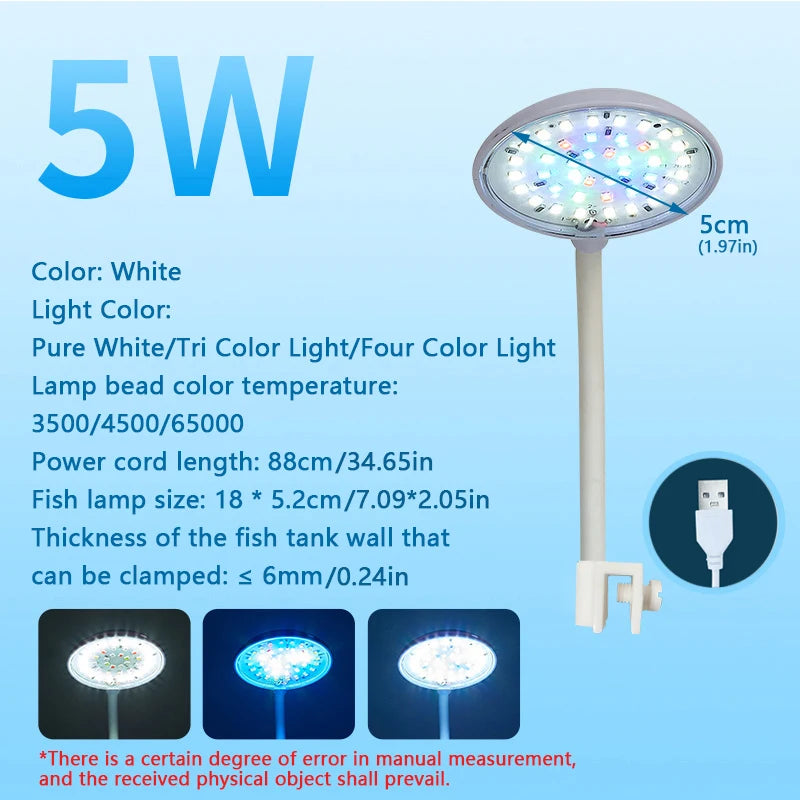 USB Fish Tank Small Clip Light Water Grass Light LED 3/5/7W Color Changing Adjustable Light Splash Proof Restore Natural Colors