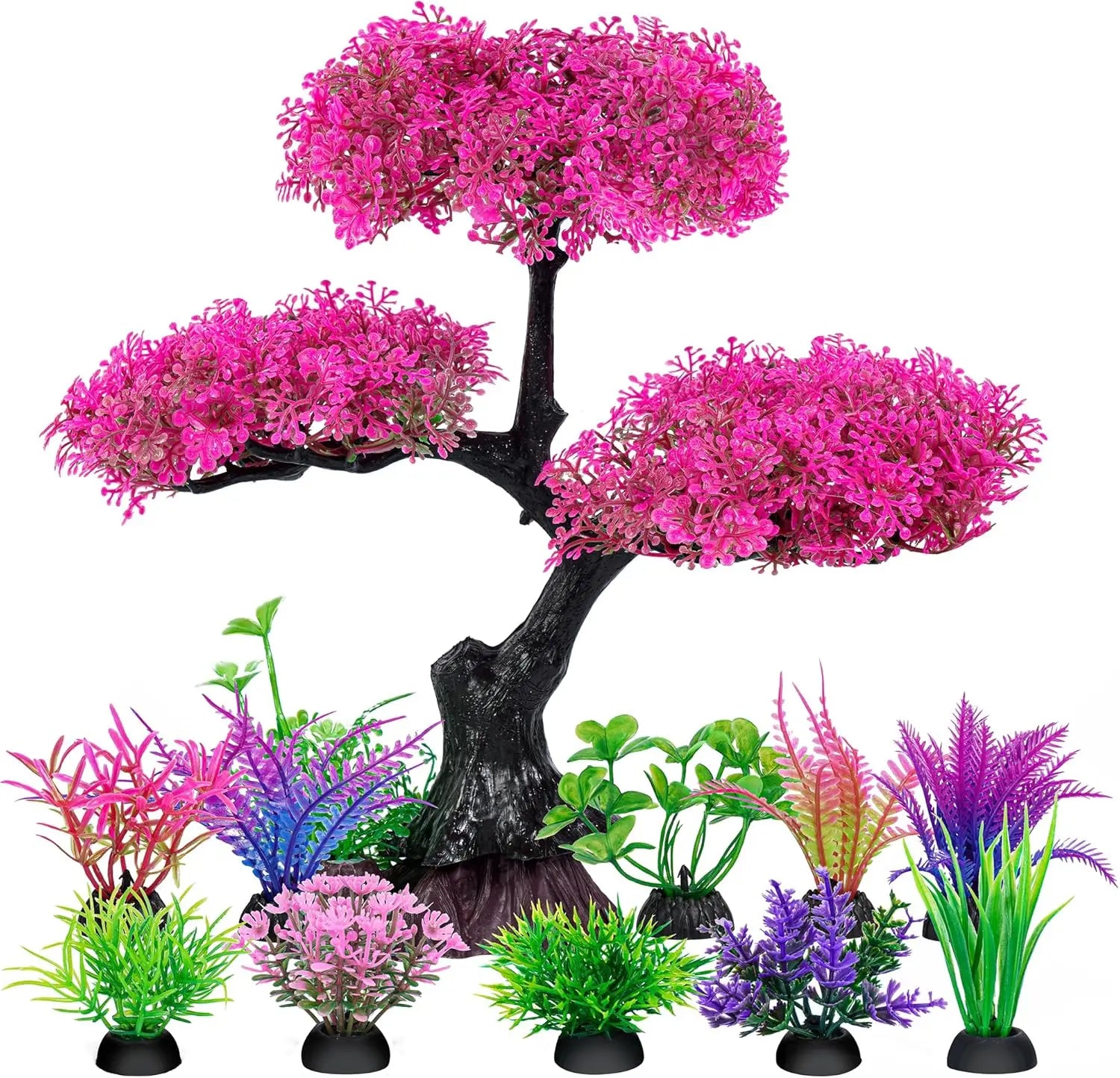 Artificial Aquarium Plants Decor Set, Cherry Blossom Tree Hide Accessories for Goldfish Betta Fish Tank