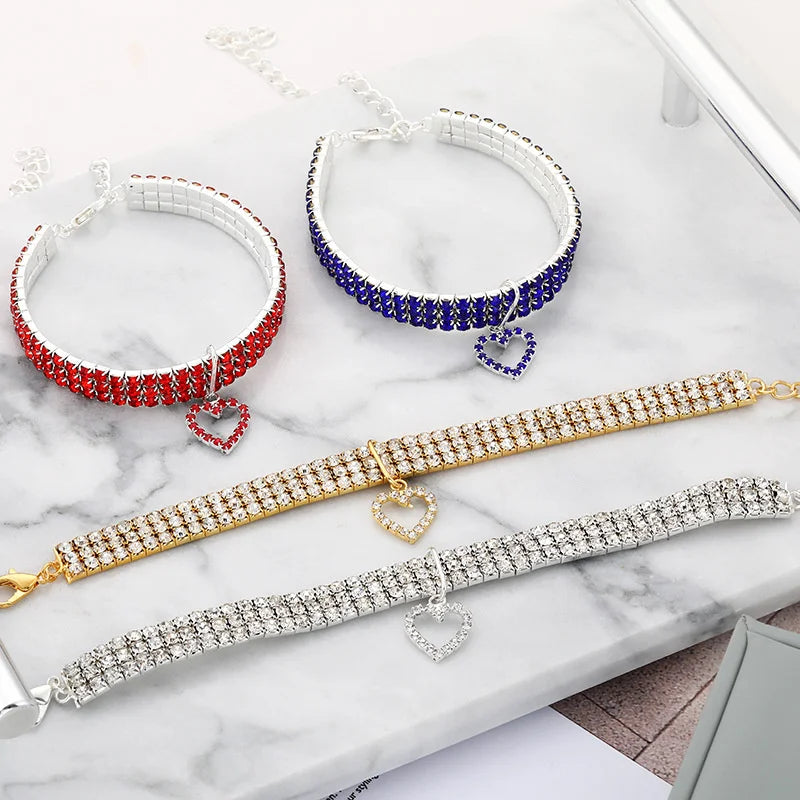 Three Row Elastic Rhinestone Pet Collars