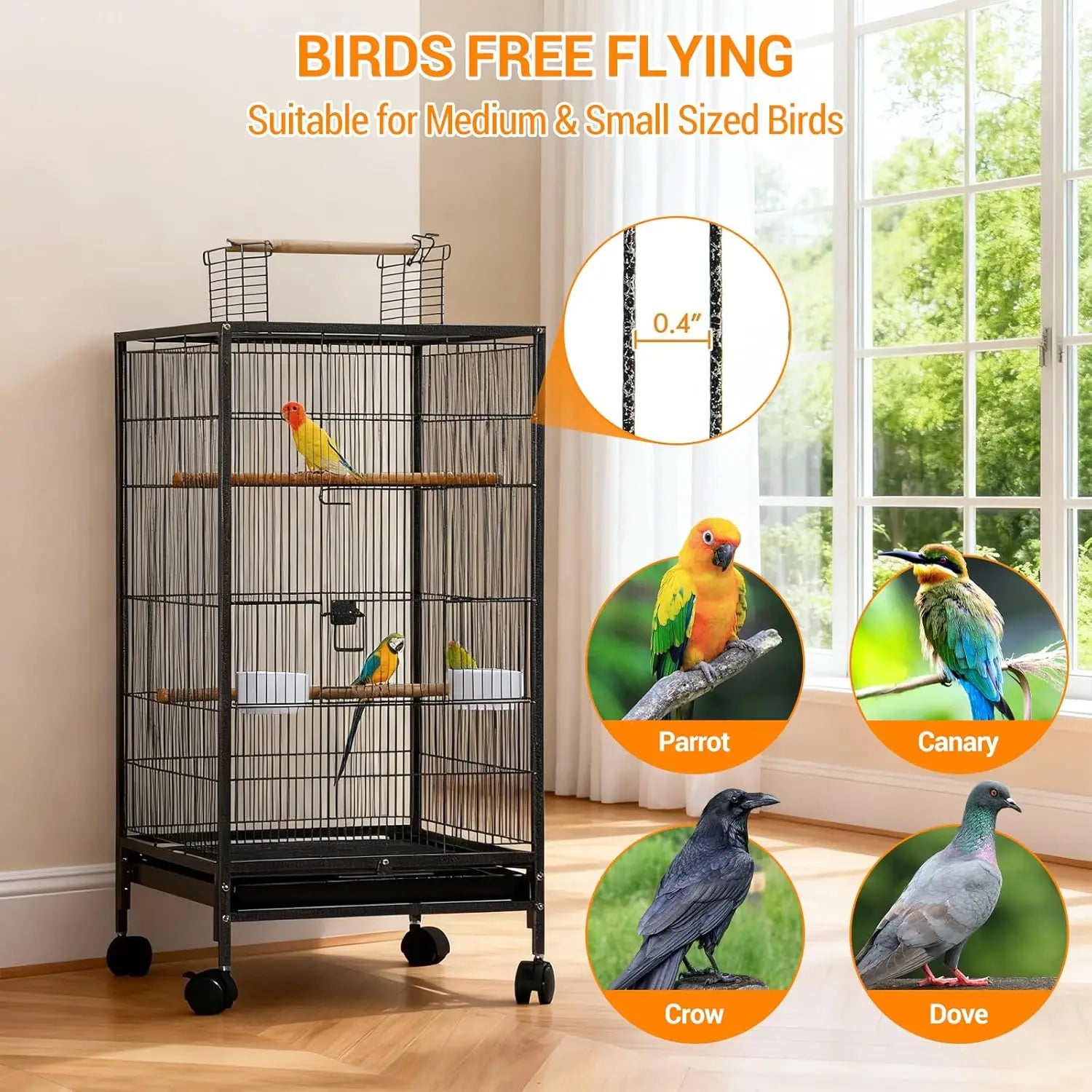 Open Top Bird Cage with Rolling Stand