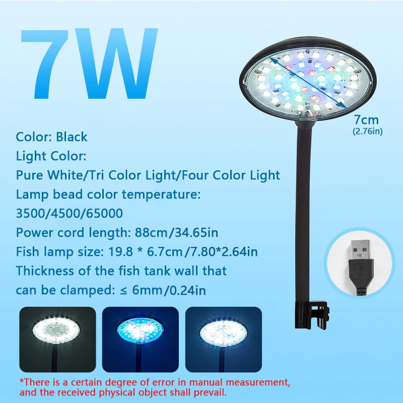 USB Fish Tank Small Clip Light Water Grass Light LED 3/5/7W Color Changing Adjustable Light Splash Proof Restore Natural Colors