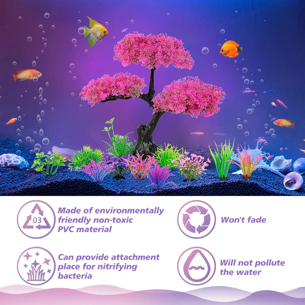 Artificial Aquarium Plants Decor Set, Cherry Blossom Tree Hide Accessories for Goldfish Betta Fish Tank