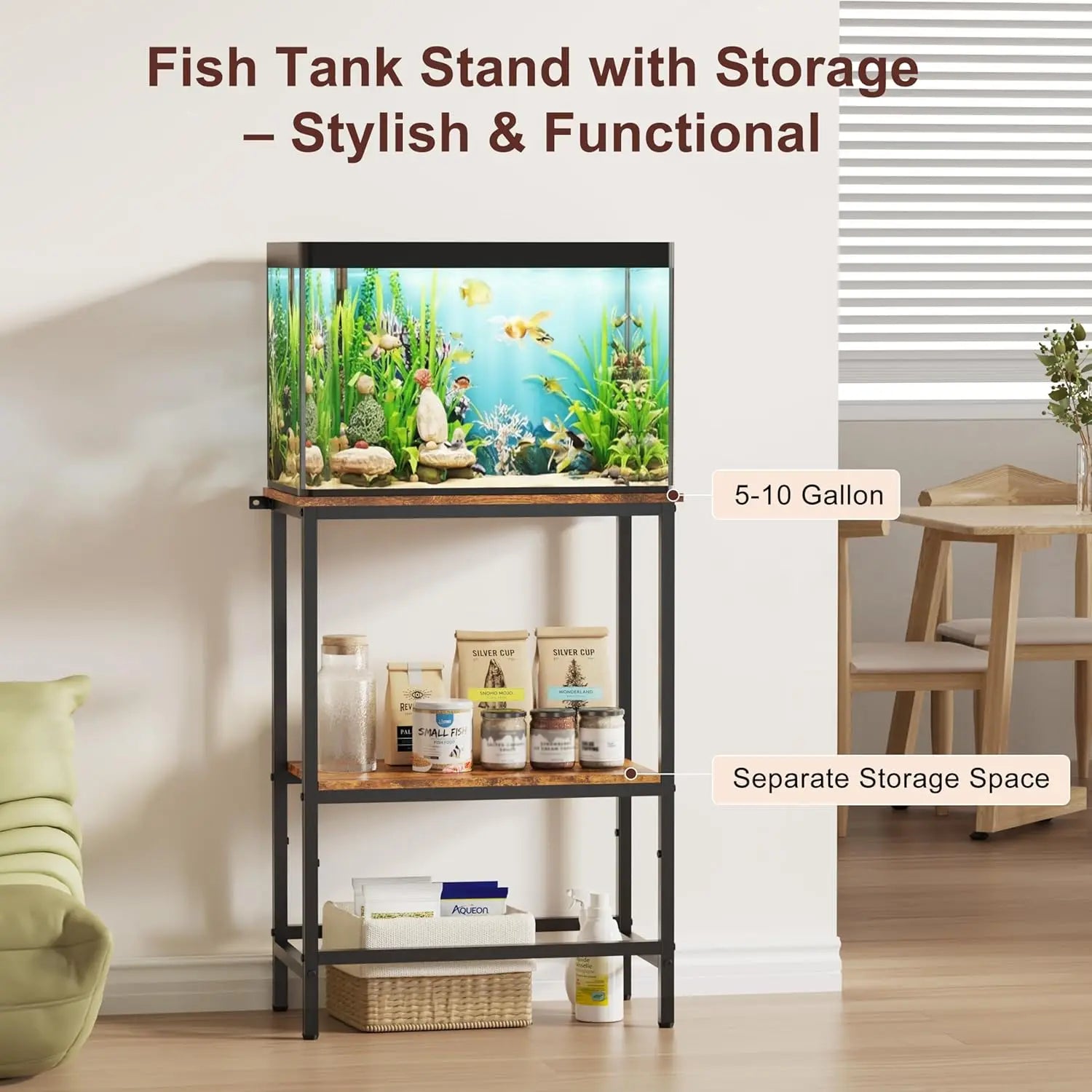 Fish Tank Stand for 10 Gallon, Heavy Duty Aquarium Stand with Storage Shelves, Sturdy One-Piece Top, 21.2"L x 11.8"W x 29.3"H