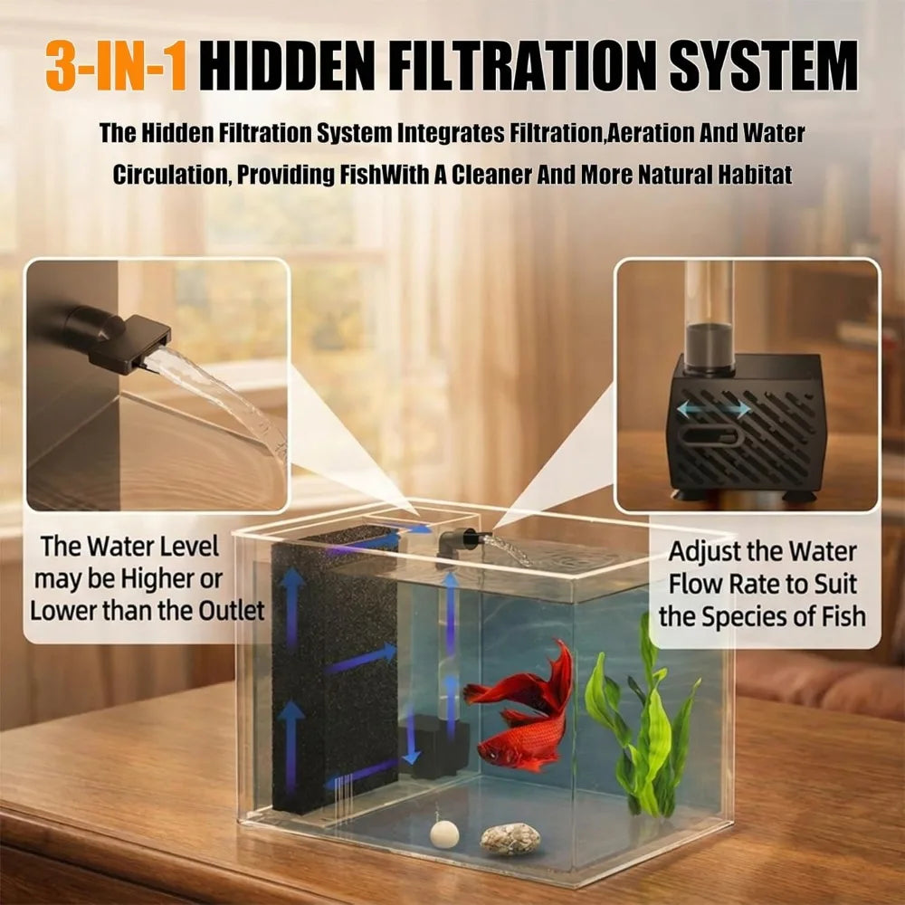 One Gallon Acrylic Nano Aquarium Kit with Filter Pump LED Light for Small Fish Shrimp Plants Black