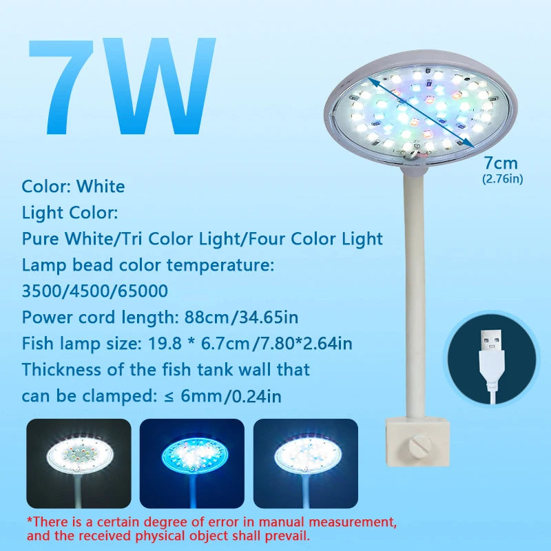 USB Fish Tank Small Clip Light Water Grass Light LED 3/5/7W Color Changing Adjustable Light Splash Proof Restore Natural Colors