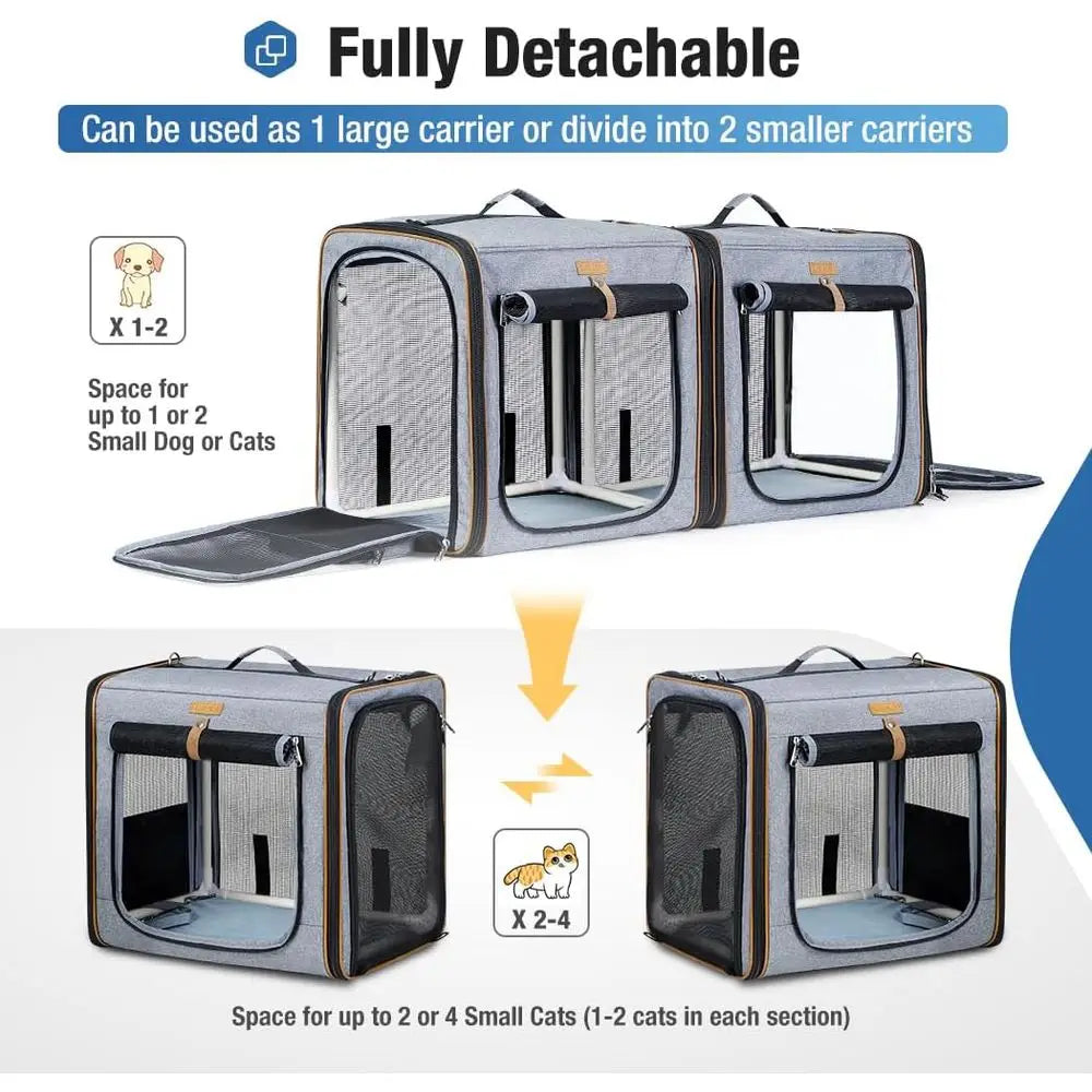 Dual-Compartment Pet Carrier with Built-In Litter Box for Travel, Grey