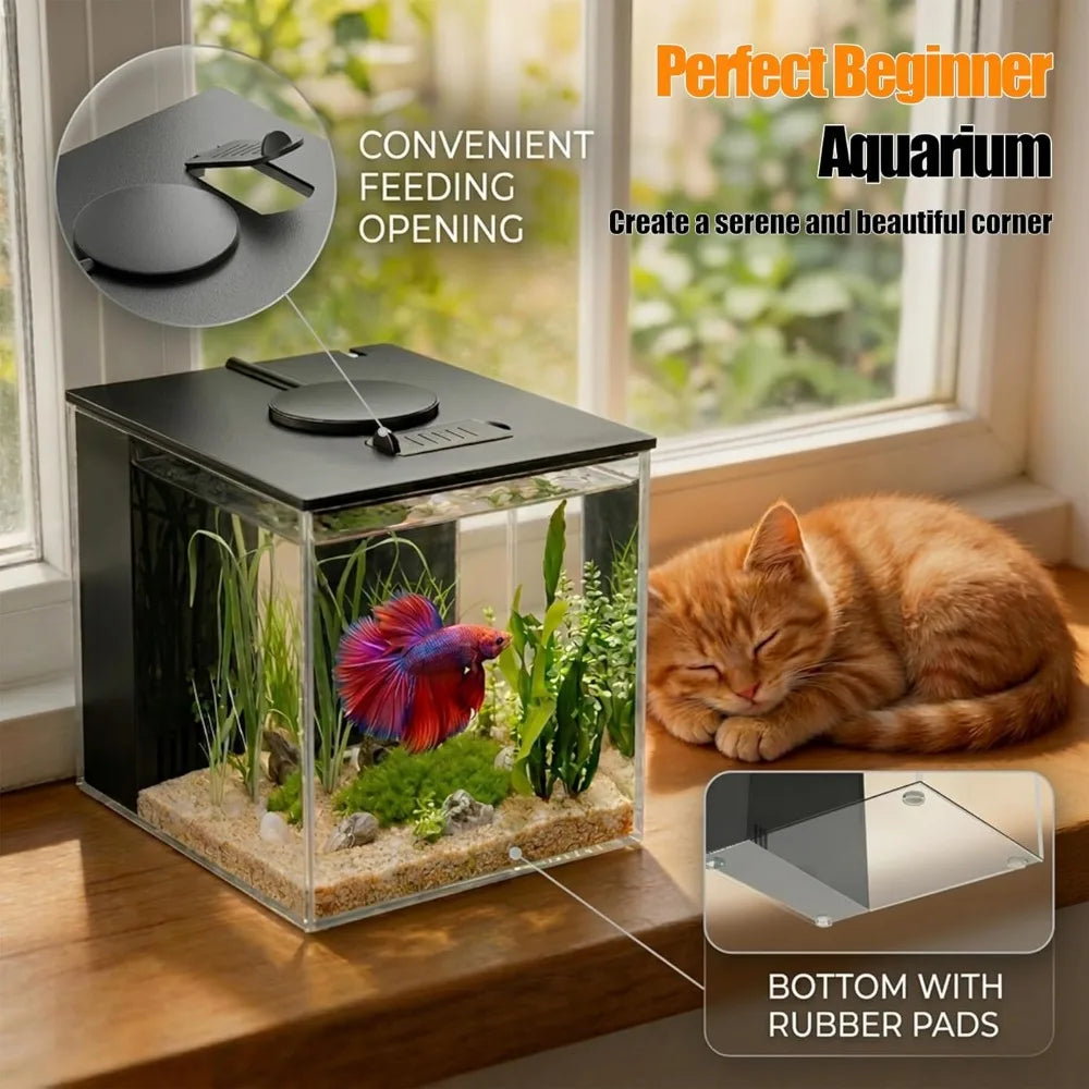 One Gallon Acrylic Nano Aquarium Kit with Filter Pump LED Light for Small Fish Shrimp Plants Black