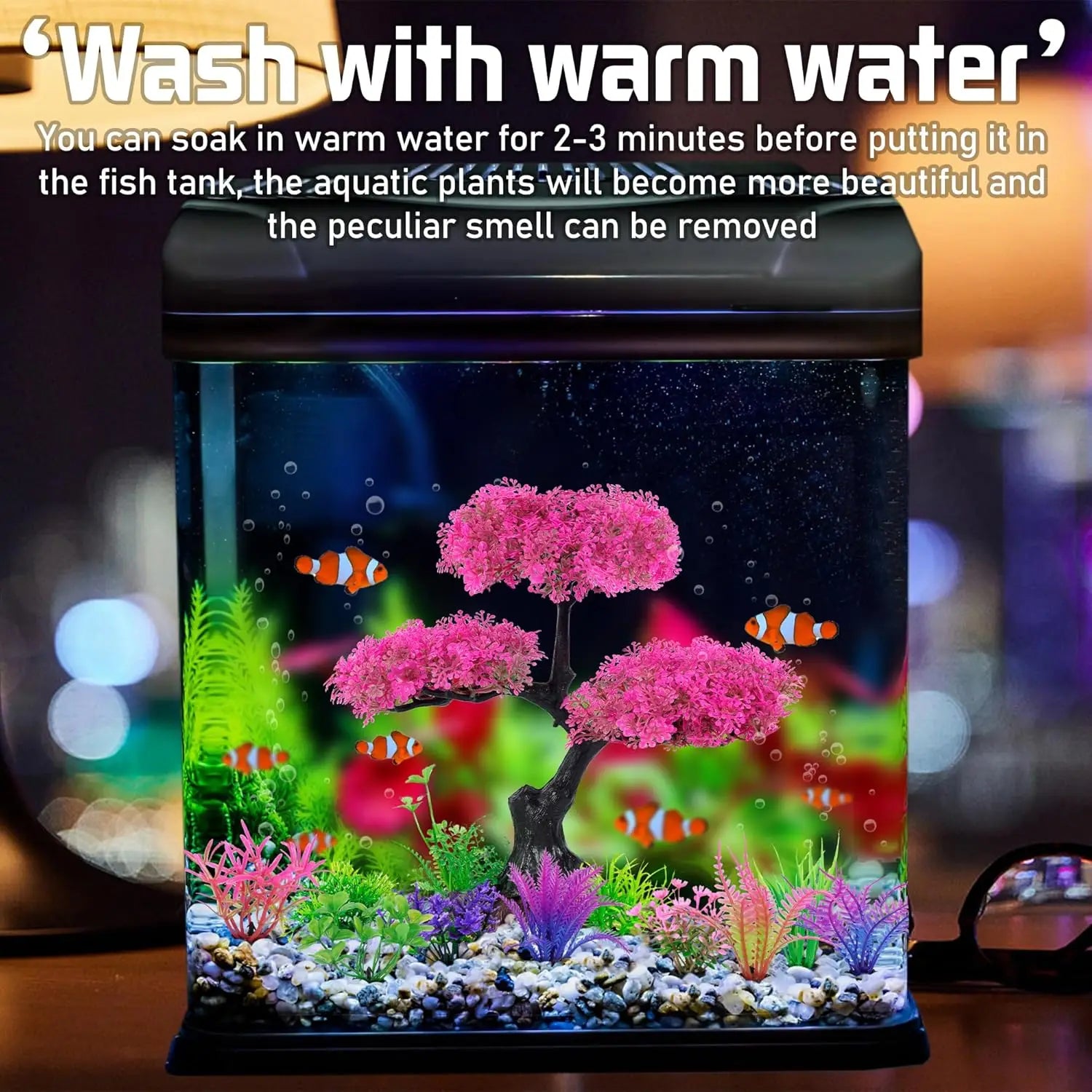 Artificial Aquarium Plants Decor Set, Cherry Blossom Tree Hide Accessories for Goldfish Betta Fish Tank