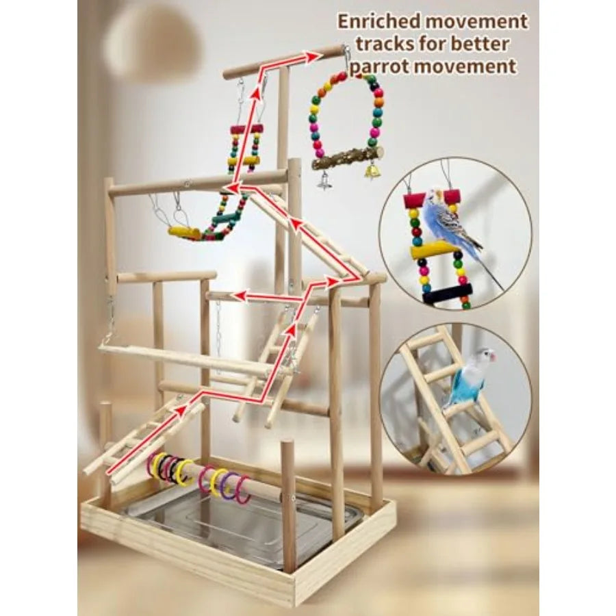 5 Layers Large Bird Playstand with Wheel Natural Wood Parrot Playground Parakeet Perch Stand Small Bird Playgym with Ladder Toy