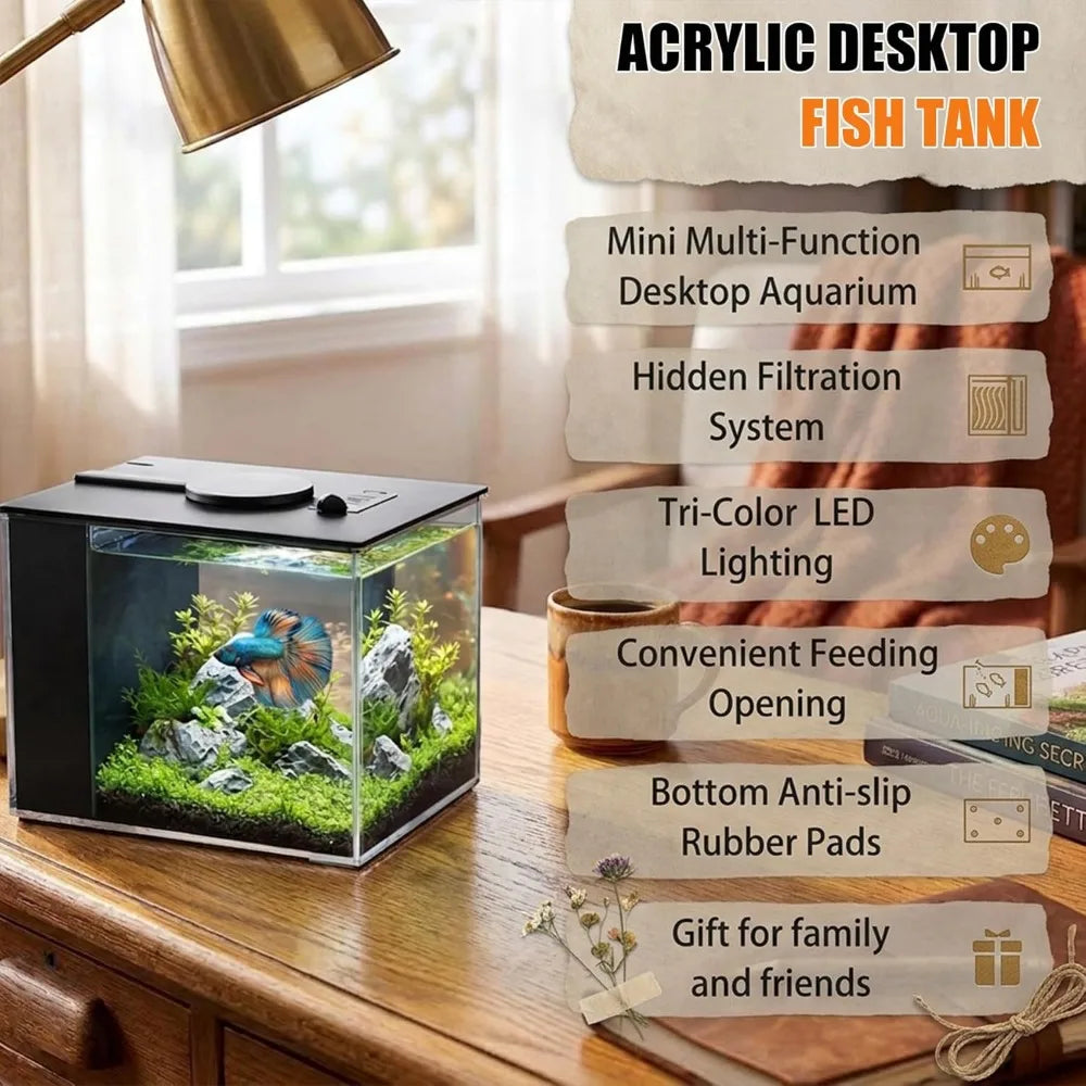 One Gallon Acrylic Nano Aquarium Kit with Filter Pump LED Light for Small Fish Shrimp Plants Black