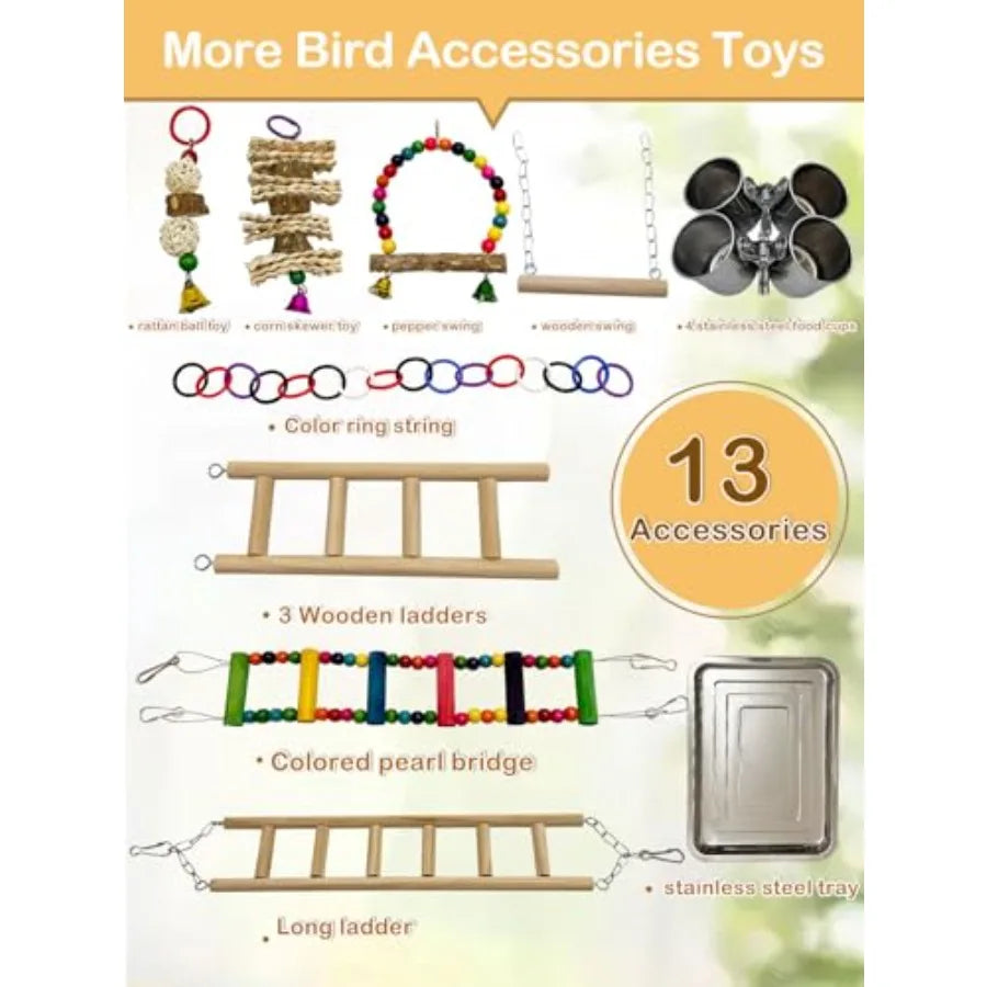 5 Layers Large Bird Playstand with Wheel Natural Wood Parrot Playground Parakeet Perch Stand Small Bird Playgym with Ladder Toy
