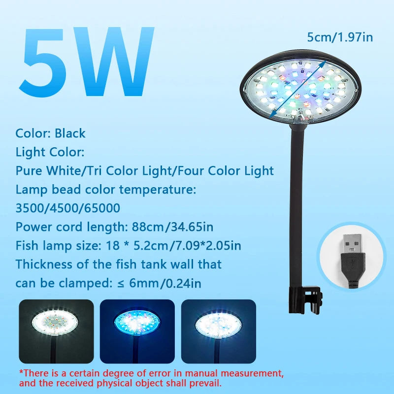 USB Fish Tank Small Clip Light Water Grass Light LED 3/5/7W Color Changing Adjustable Light Splash Proof Restore Natural Colors