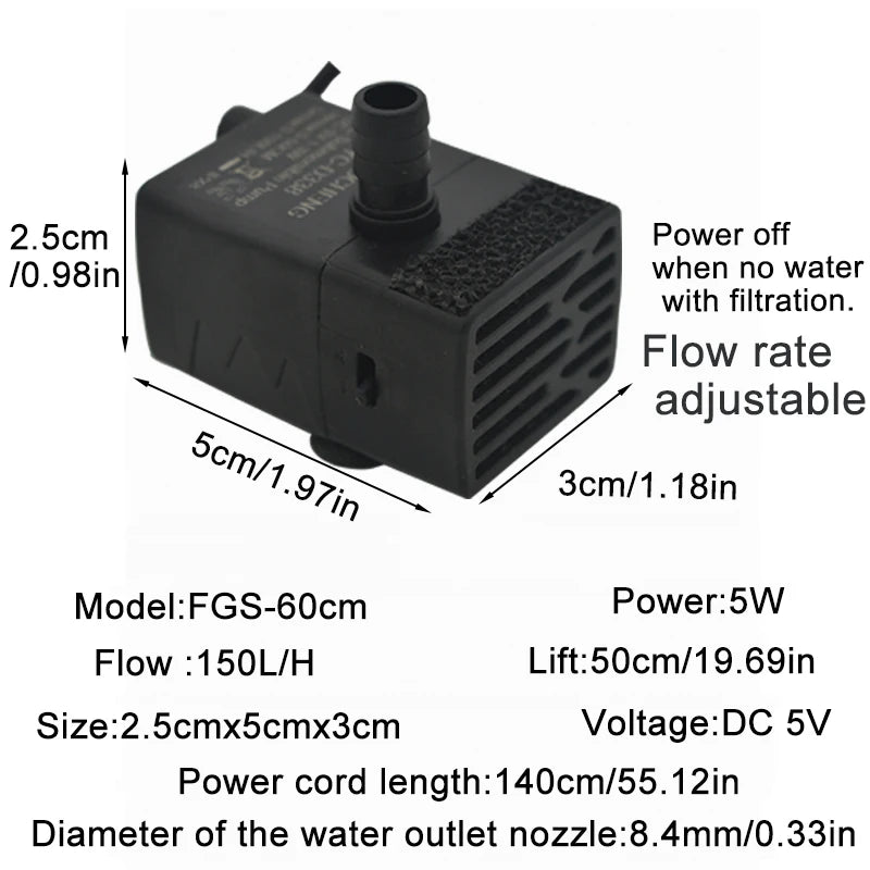 Ultra Quiet USB Aquarium Fish Tank Filtration Pump Mini Pet Fountain Submersible Adjustable Flow Water Circulation Pump 5V 5W